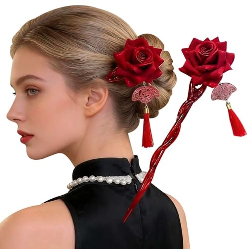 Red Rose Hair Pin with Retro Tassel Flower Hairpin Hairclips Chinese Hair