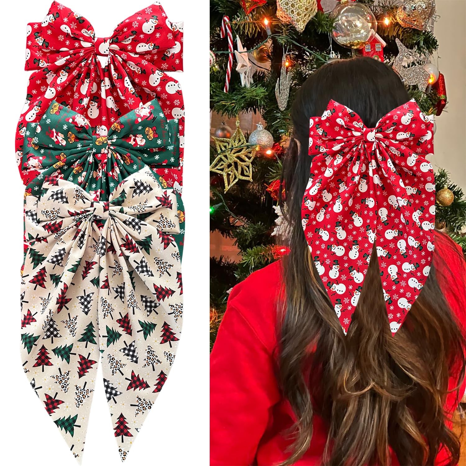 PODUOJIEYI 3Pcs Christmas Bows Hair Clips for Women, Big Long Tail Multicolor