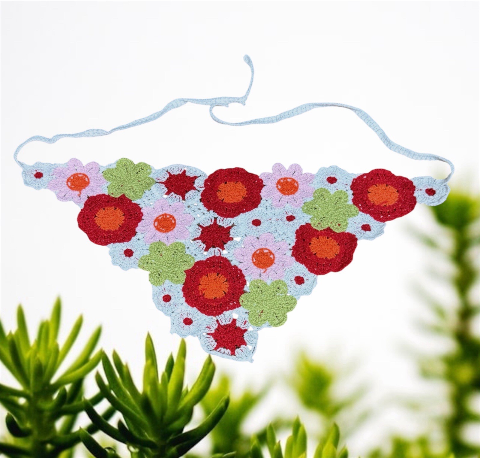 Crochet head scarf hair accessory wrap bandana Red Pink White Floral Bouquet new