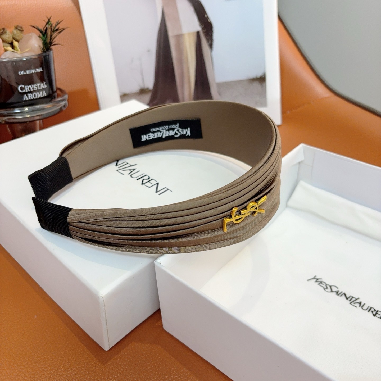 YSL Saint Laurent Beige Pleated Fabric Logo Headband for Women