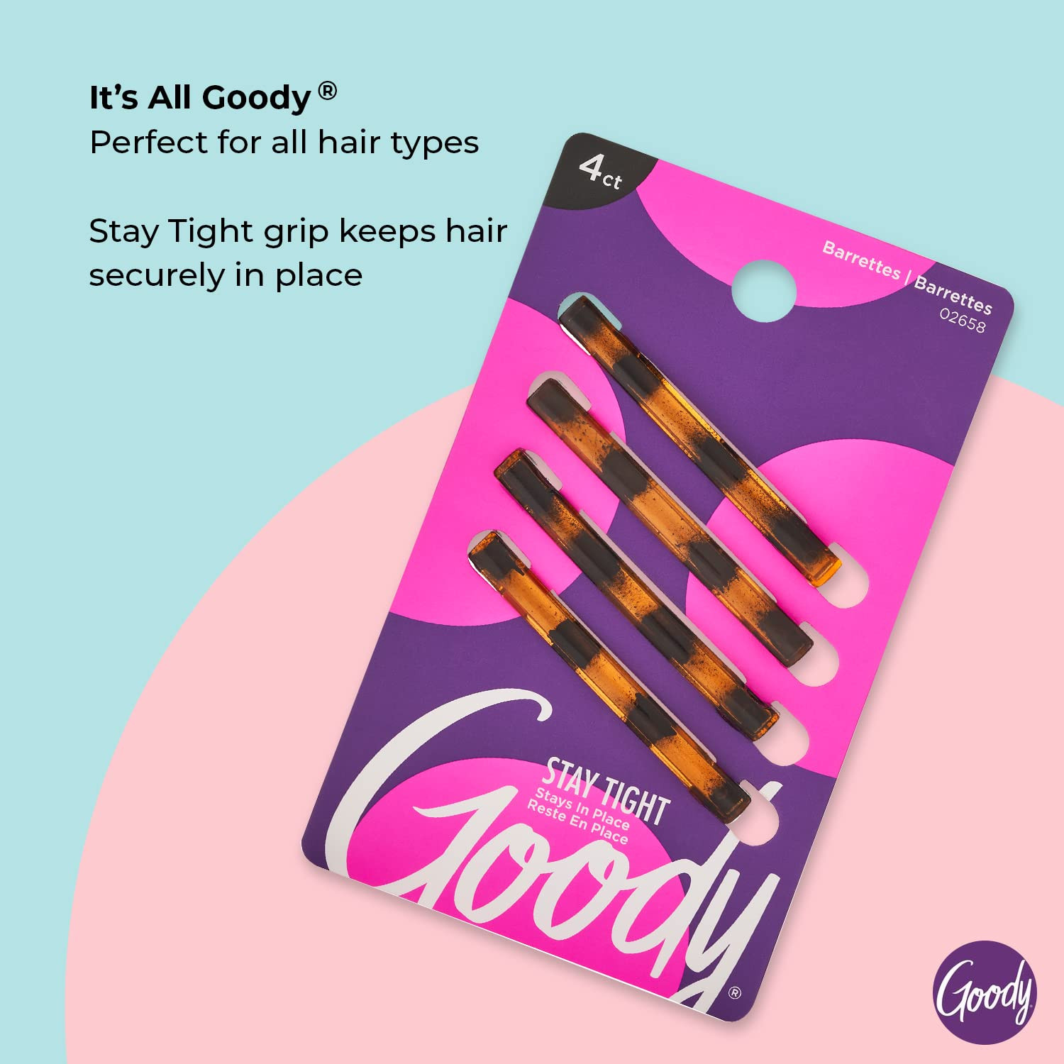 Goody Stay Tight Hair Barrettes, 4 Ct, Mock Tort, Slideproof Flat Clips, Comfort