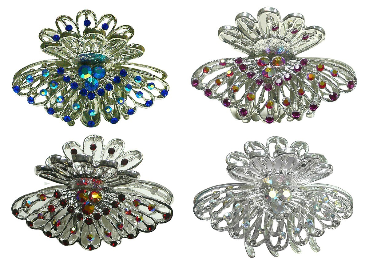 Set of 4 JCGY Hair Claws Metal Jaw Clips Silver Trim Bridal NF86480-1-2