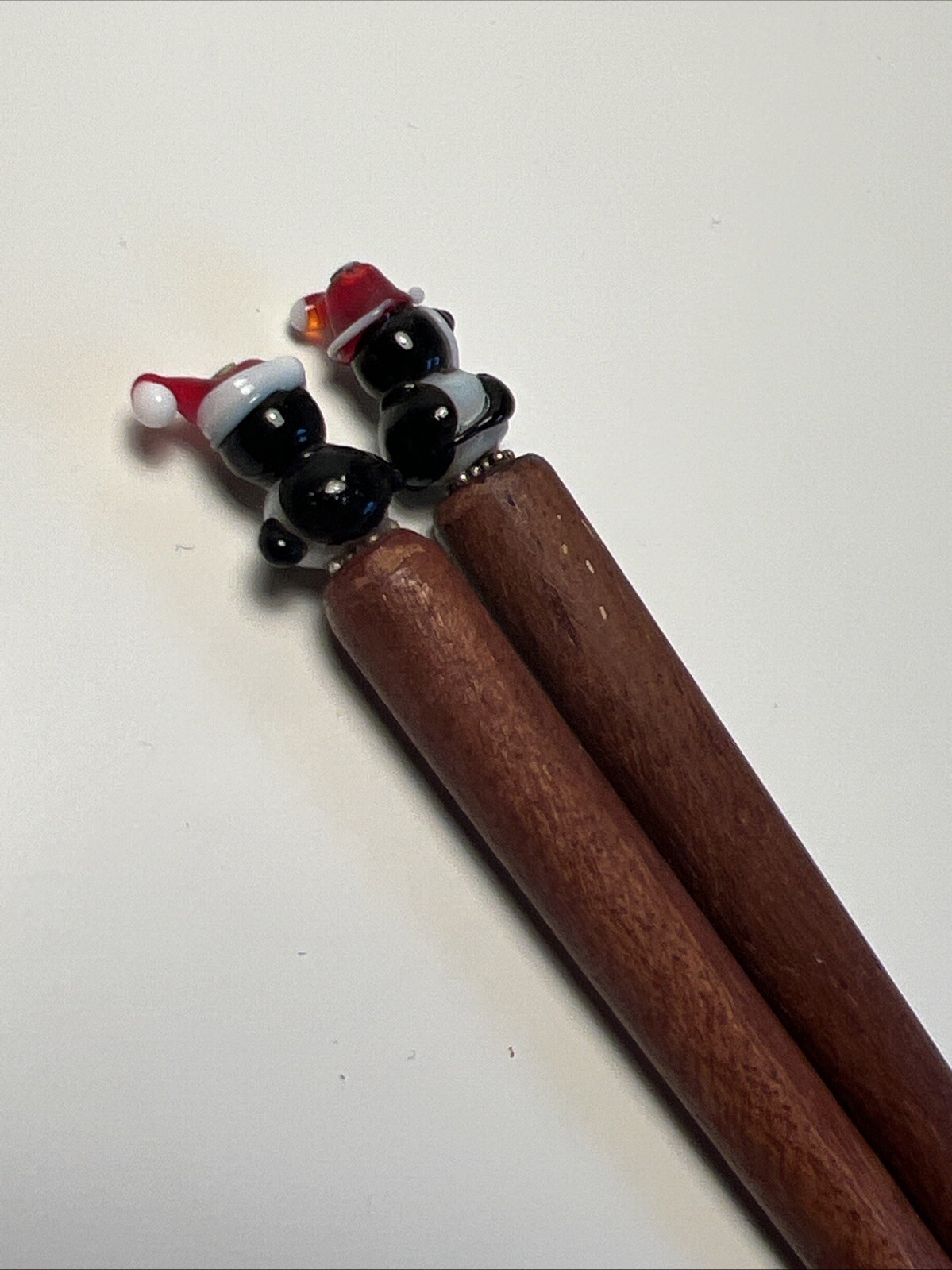 Vintage Wood Wooden Glass Hair Stick Pin Santa Hat Penguin Christmas Brown 6.5″
