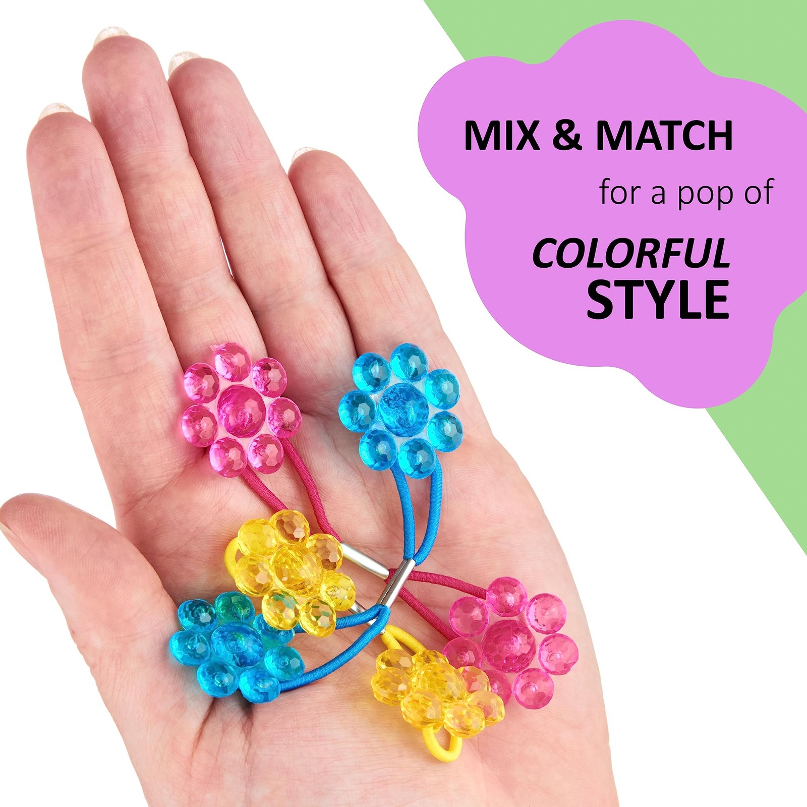 24pc Flower-Shaped Bright Multicolored Twin Bead Ponytail Elastics