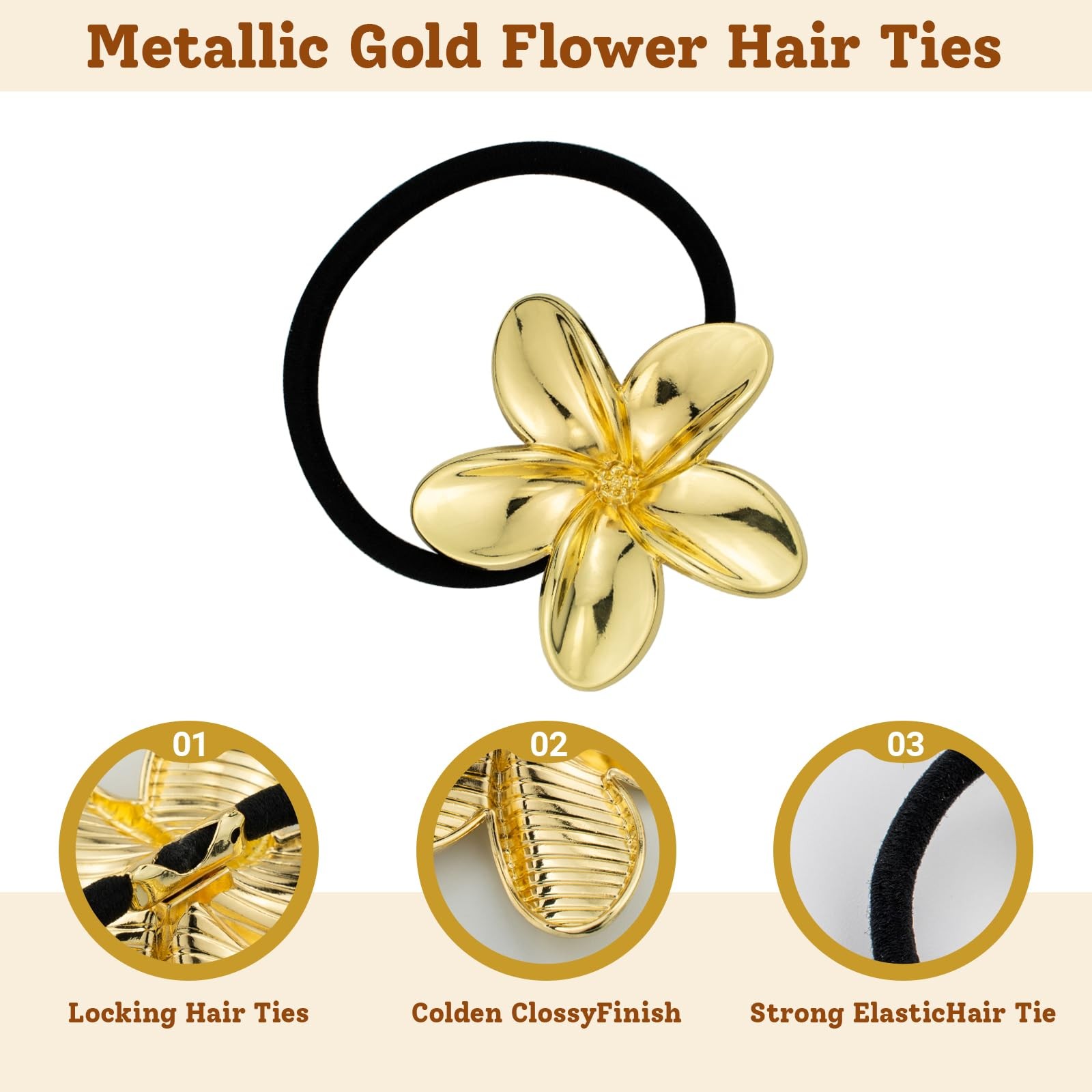 6 PCS Gold Floral Hair Ties Charms Ponytail Holders Decorative Metal Cuffs