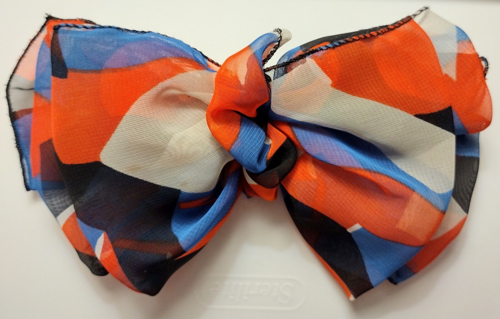 Large Hair Barrette with Flowy Fabric Bow. Dark Blue, light blue, white, and red