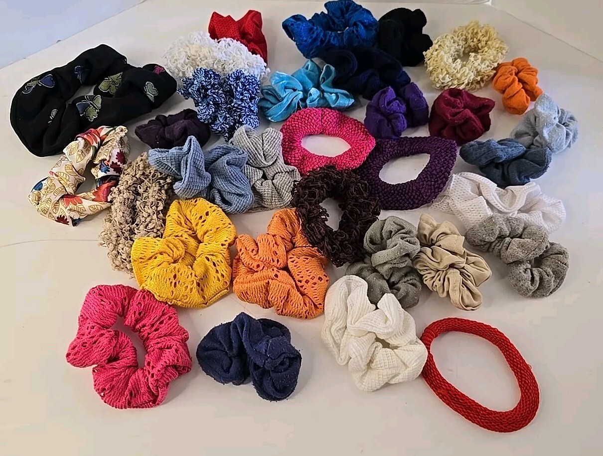 VTG Hair Scrunchies Ties Variety Mixed Lot of 32 Y2K 90s Colors Pink Purple Blue