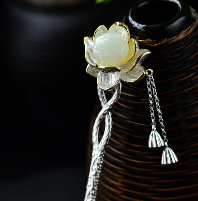 Hot Retro Silver Chinese Hetian Jade Lotus Hairpin Hanfu Hair Stick