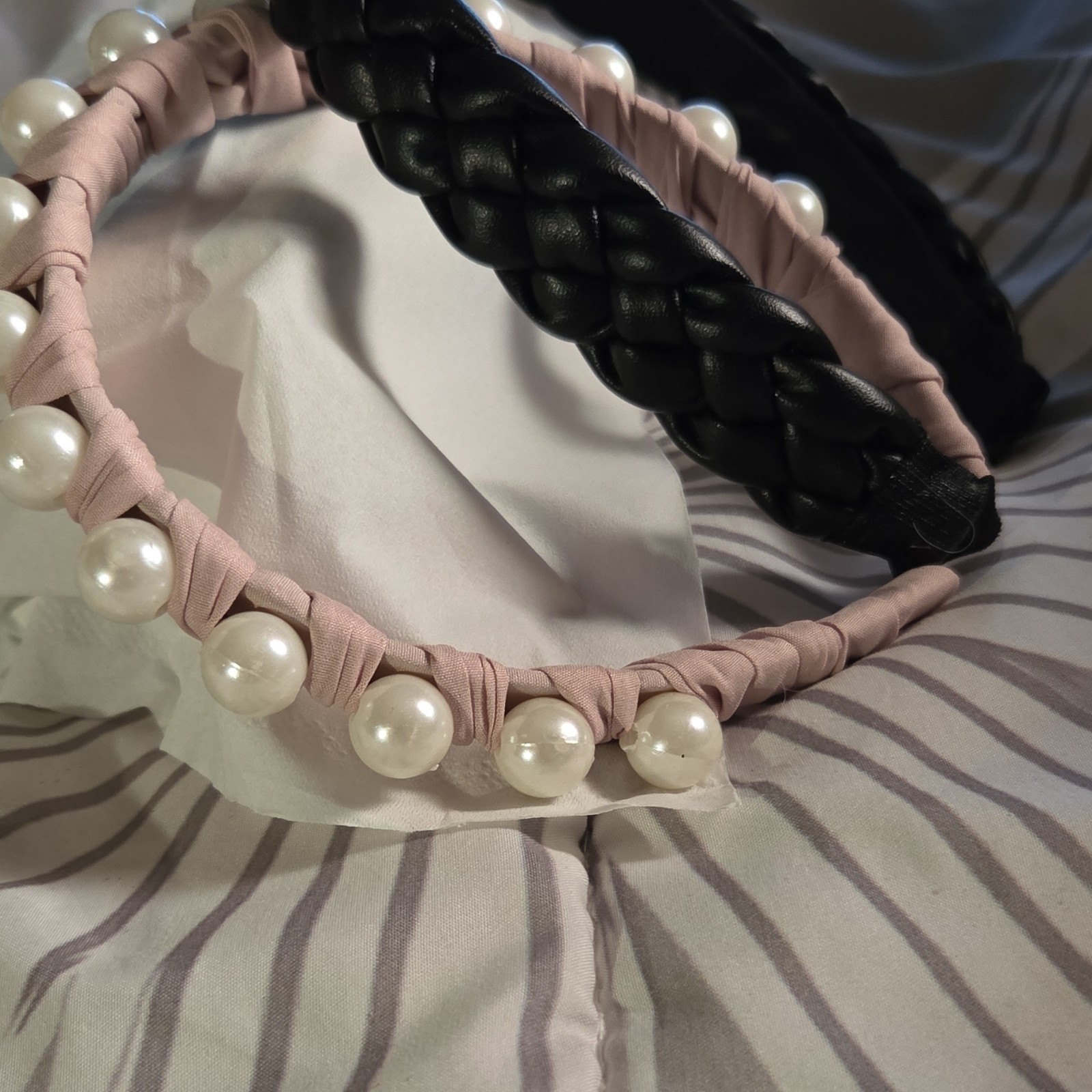 Pink Pearl Accent & Black Braided Women’s Headbands Set, Fabric Faux Leather