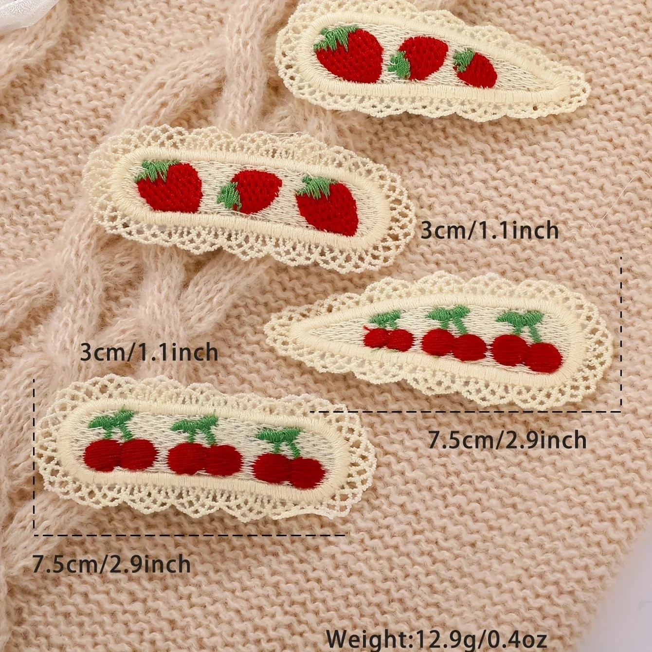 2Pcs Cute Hairpins, Colorful Knitted Cherry and Strawberry Hairpins, Lace Floral