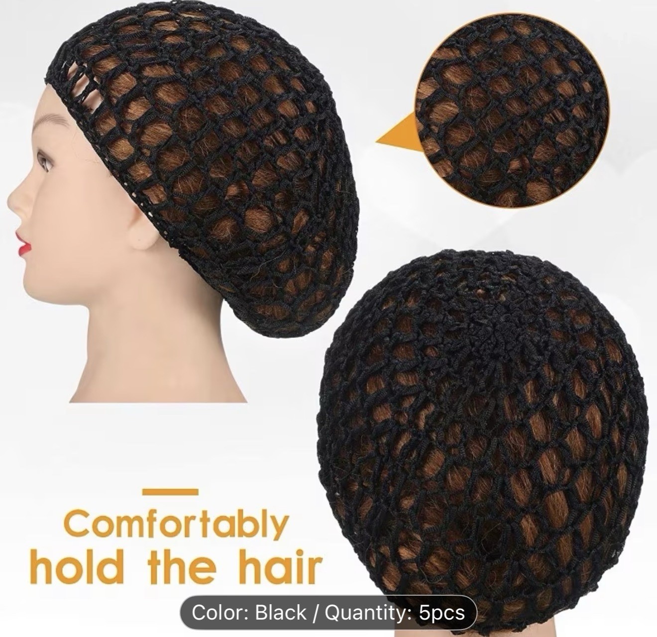 Black Crochet Hair Net Snood for Women, Round Shape, Solid Pattern, 5pcs