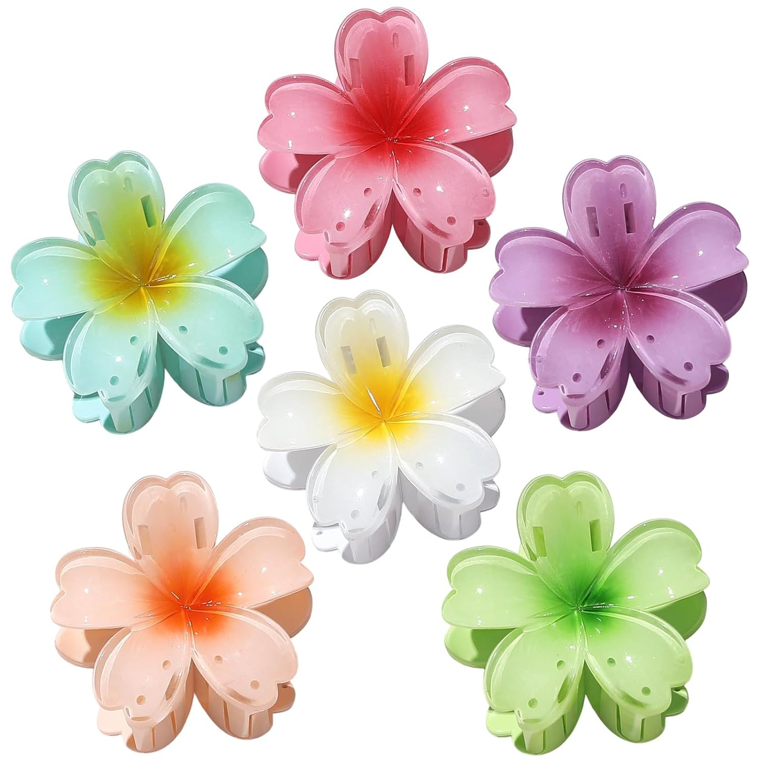 Hawaiian Flower Hair Claw Clips – 6 Pcs for All Hair Types, Strong Hold