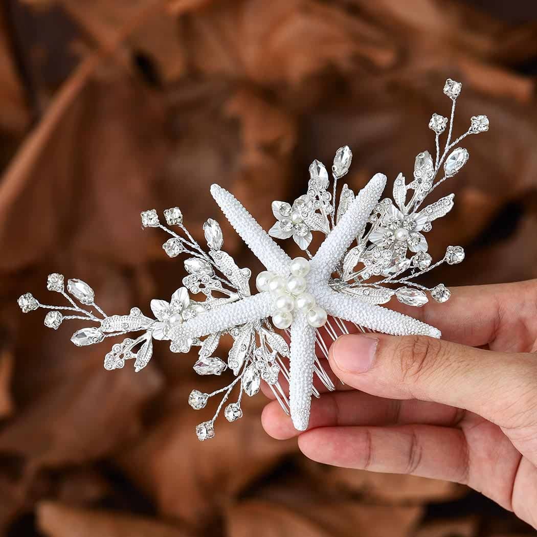 Starfish Bride Wedding Hair Comb Silver Crystal Bridal Piece Pearl Beach