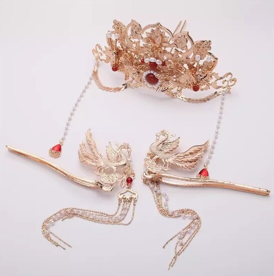 Ancient Chinese Hanfu Headdress Phoenix Hair Crown Hairpin Full Set Fairy Tassel