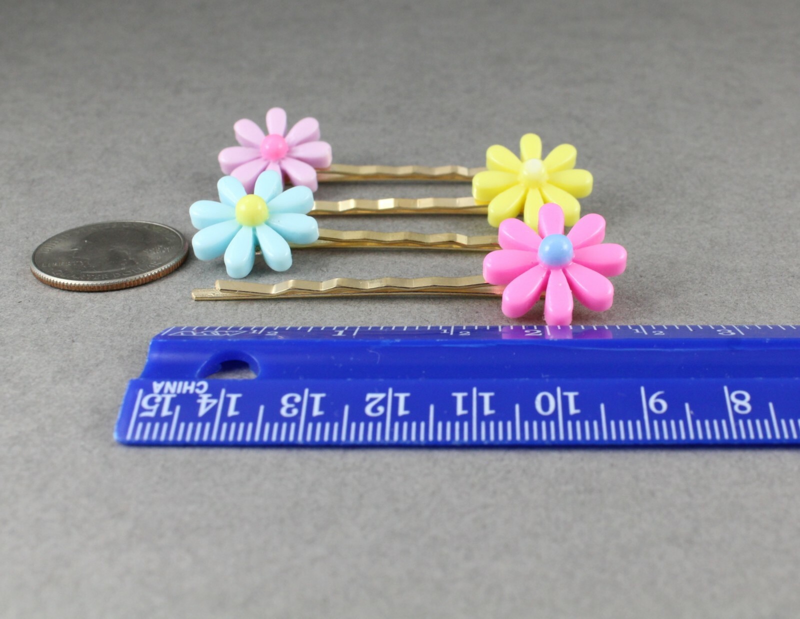 4 daisy flower Gold 4 bobby bobbi hair pins barrette set pink blue purple yellow