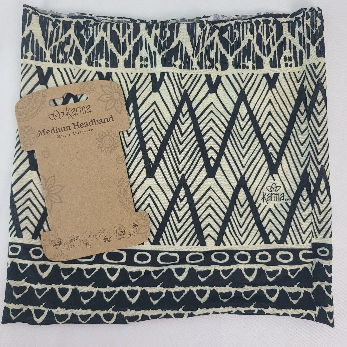 Karma Half Medium Headband Multipurpose Boho One Size Black Cream Pattern NWT