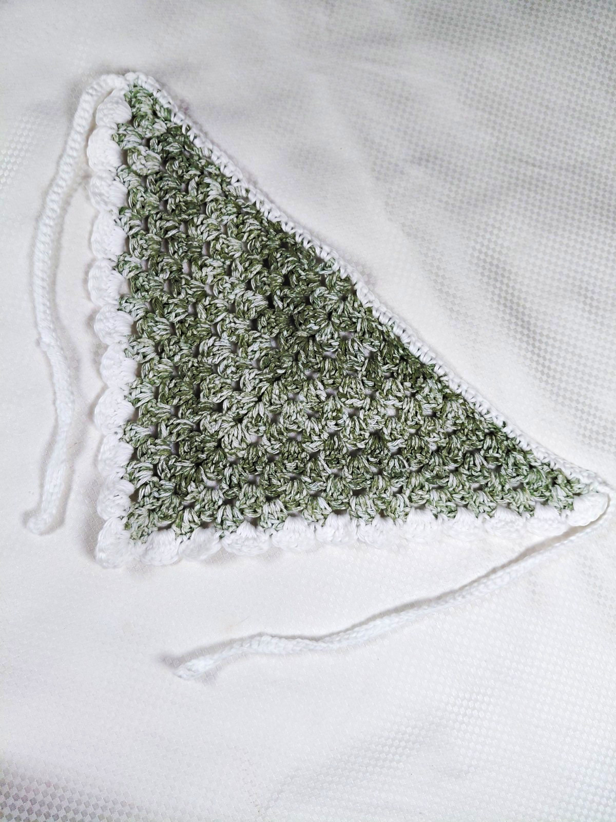Crochet Triangle Bandana Cotton Scarf Green & White Adjustable Bohemian Solid