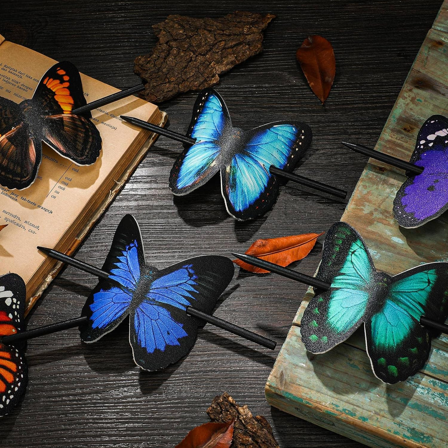 6 Pcs Colorful Hair Barrettes with Butterfly Faux Leather Clips, Wood Stick, for