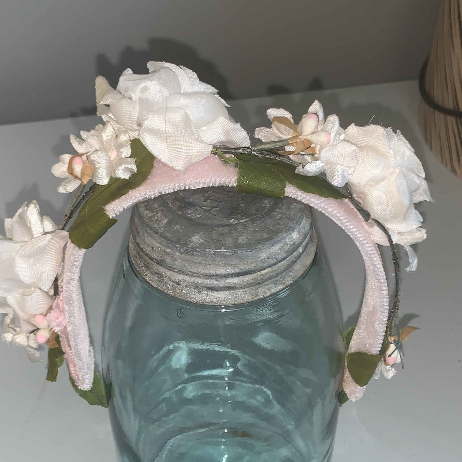 Candrella Pink Floral Fabric Headband White Green Flower Accents Women