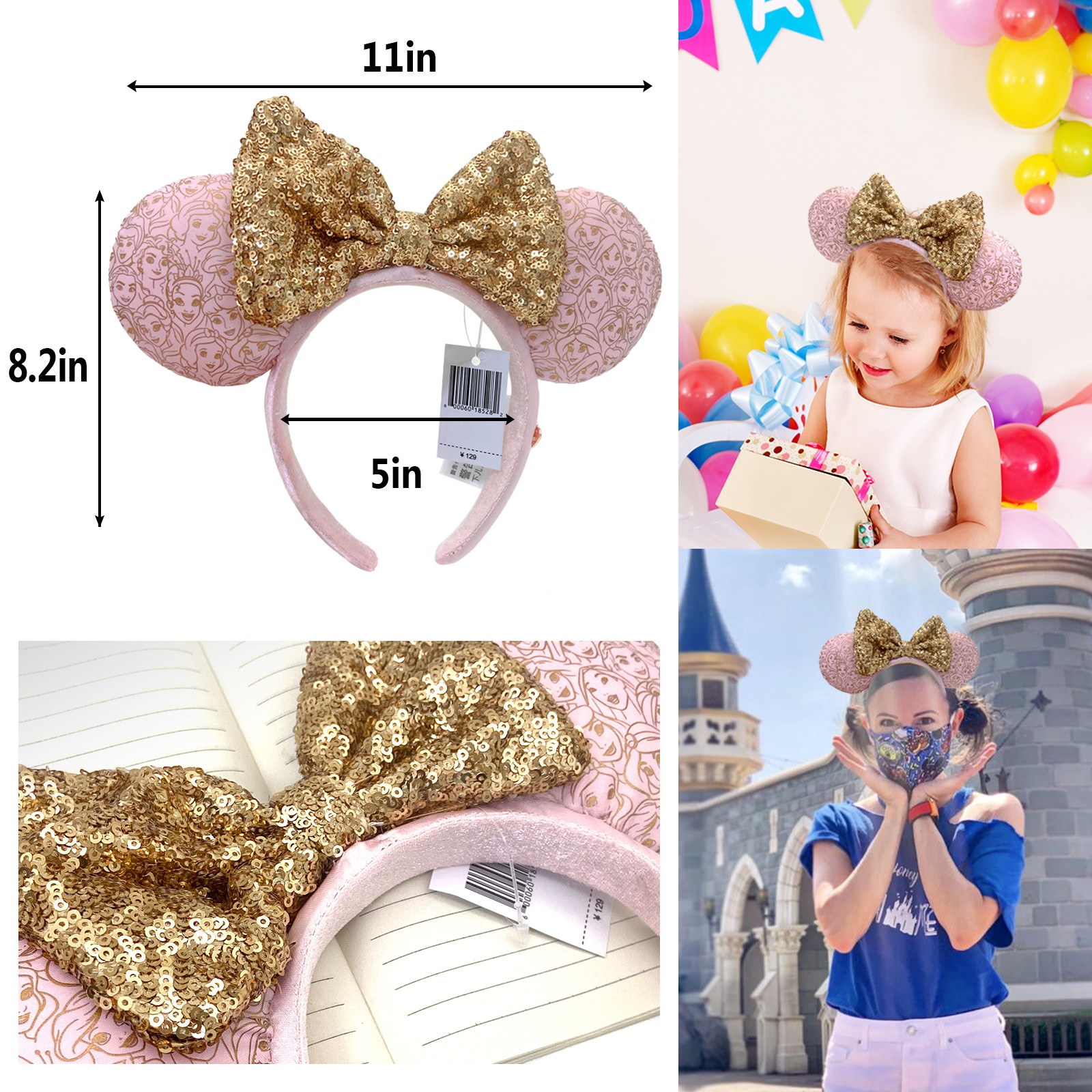 Disney` Parks Princess Pink & Gold Headband Mickey Minnie Mouse Ears