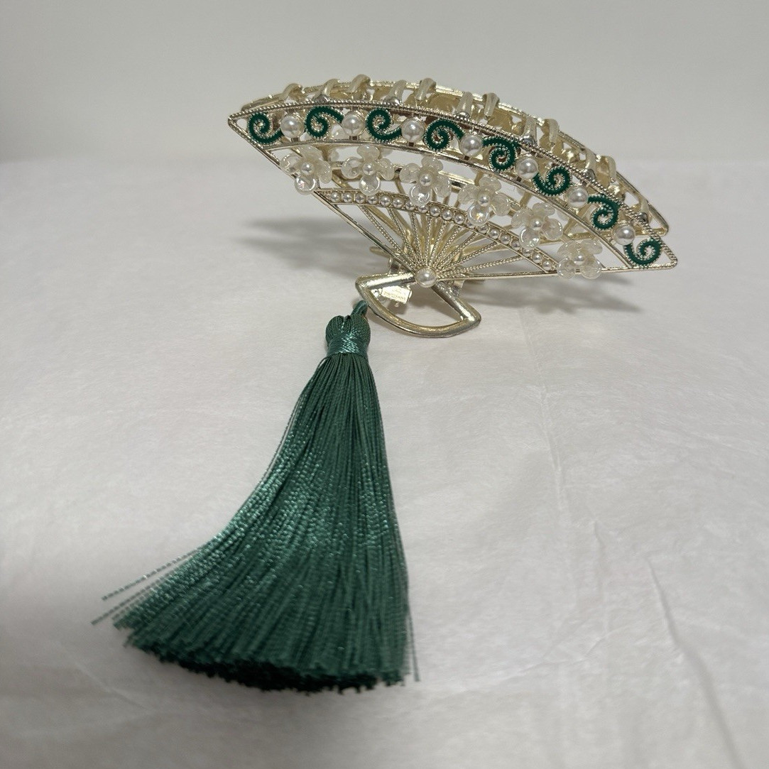 Fan-Shaped Hair Clip Barrette, Green Floral, Gold Tone, Faux Pearl Beaded Tassel