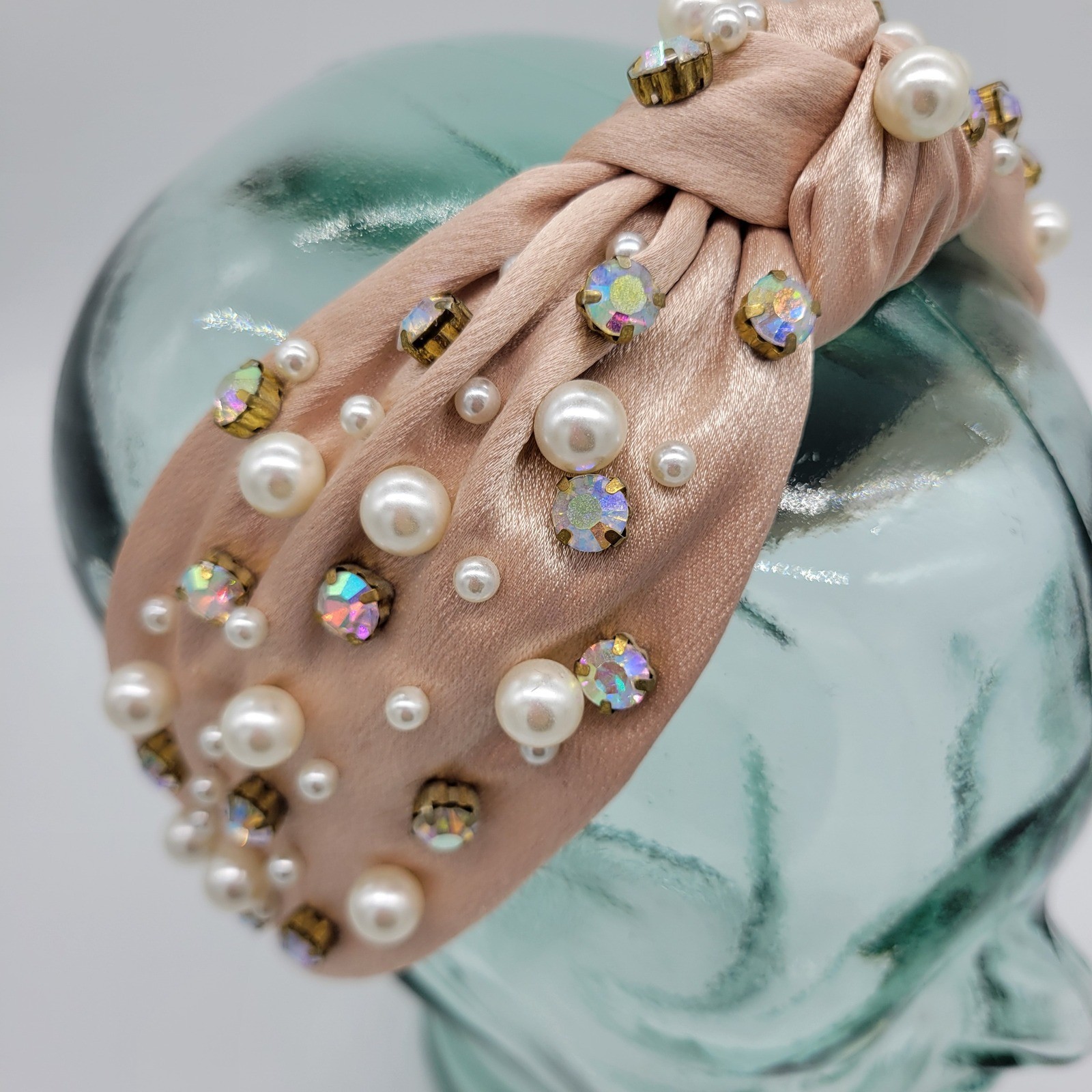 Set of 2 Embellished Top Knot Headbands Pearl Rhinestone Crystal Pink White