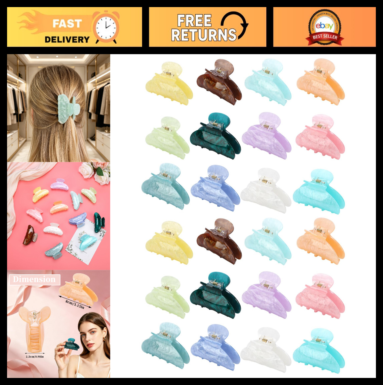 24 Pcs Large Acrylic Hair Claw Clips for Thick Hair – Non-Slip, Cute Accessories