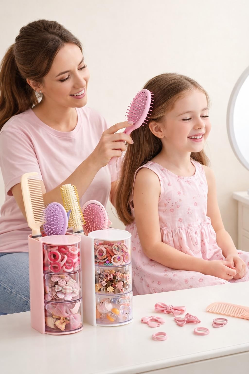 UFORU Hair Accessories Organizer with Brush Holder, 3Layer, Pink-3Layer