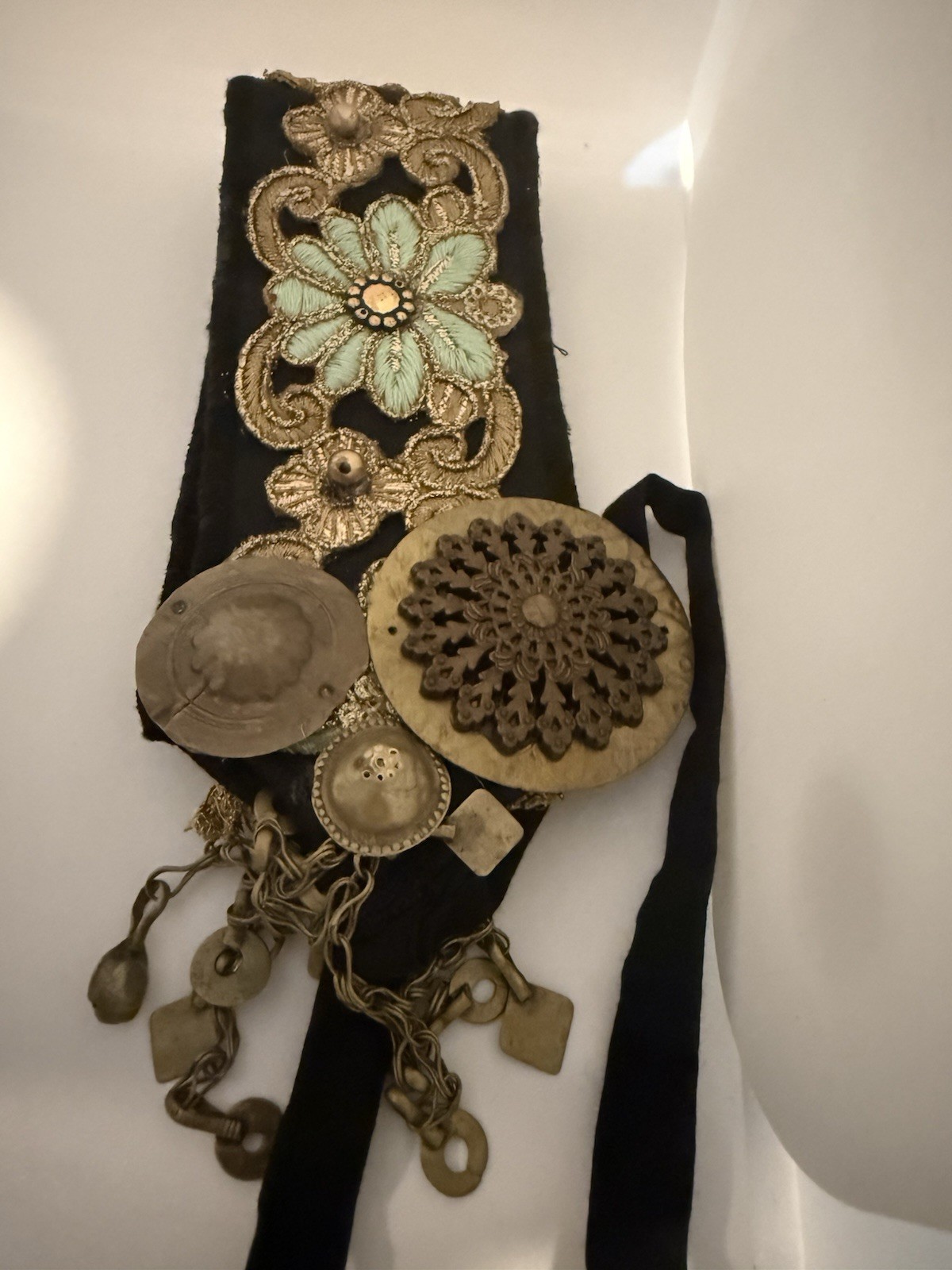 MF-087 One of a Kind Tribal Fusion Headpiece Mint Floral Black Velvet ATS