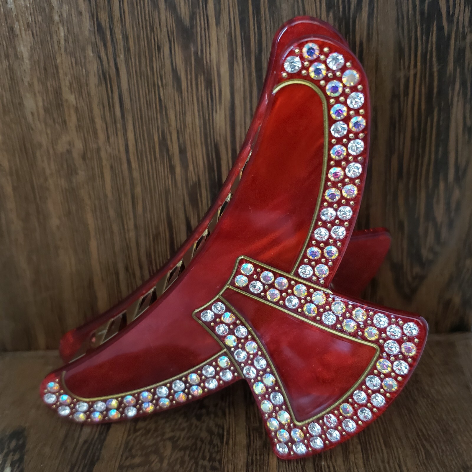 Acrylic AB Rhinestone Metal Hair Claw Red