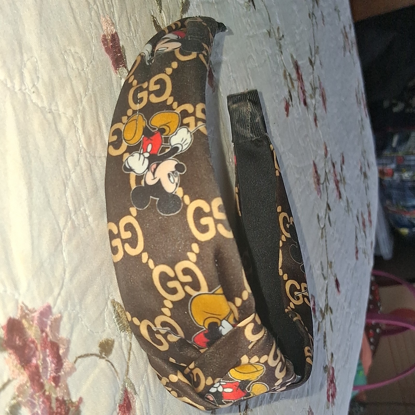 Mickey Mouse Logo Print Padded Knotted Fabric Headband Brown for Women