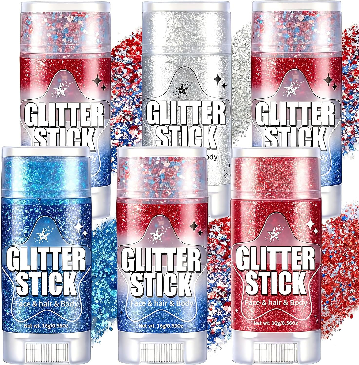 6Pcs Red White Blue Hair Glitter Stick, 4 Styles Face & Body Glitter | Waterproo