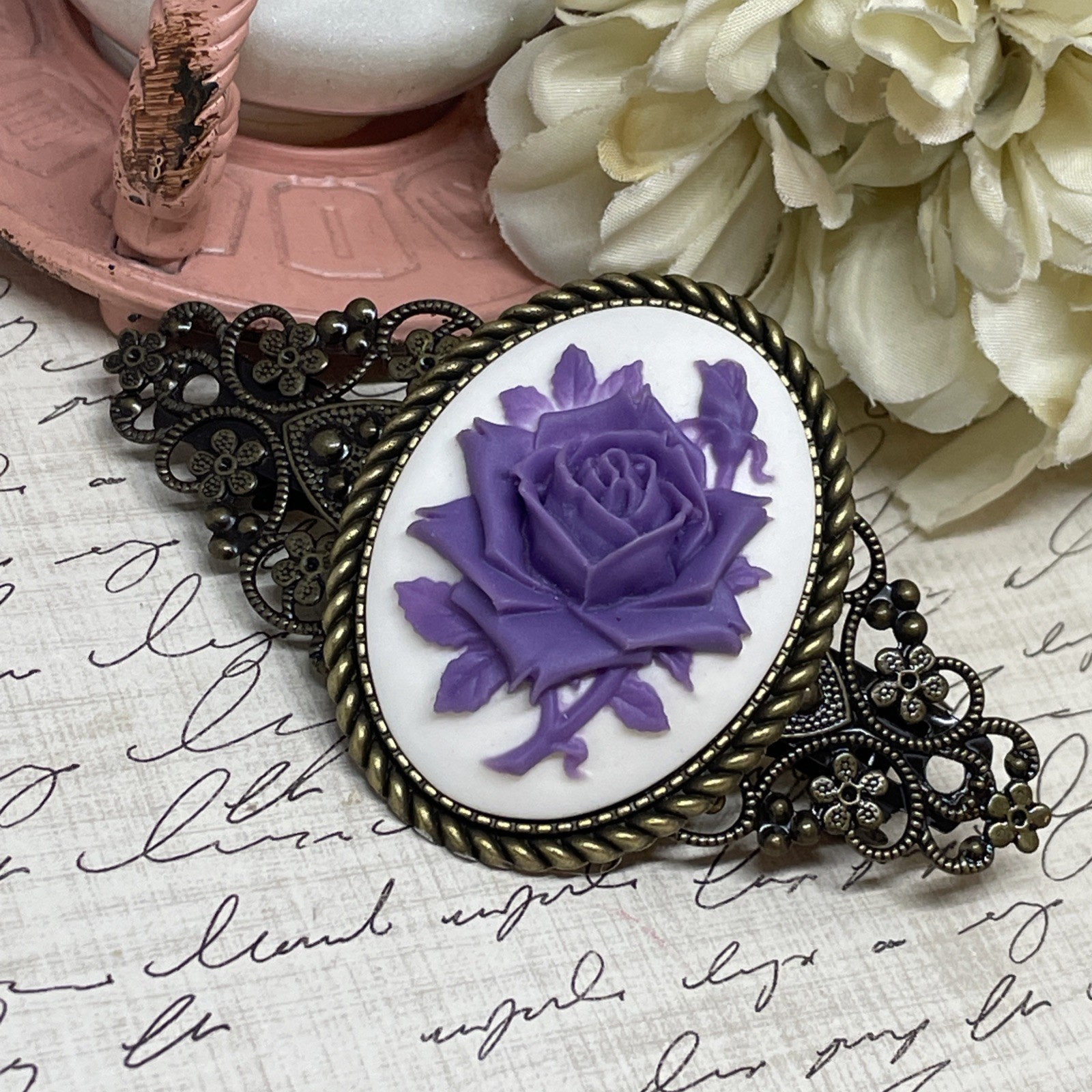 Purple White Rose Cameo Flower Anniversary Wedding Pin Hair Clip Jewelry Comb