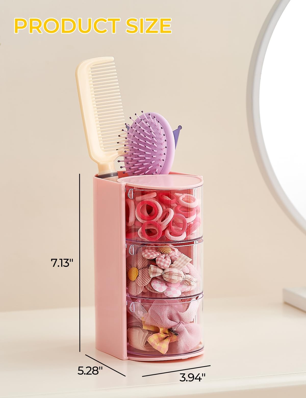 UFORU Hair Accessories Organizer with Brush Holder, 3Layer, Pink-3Layer