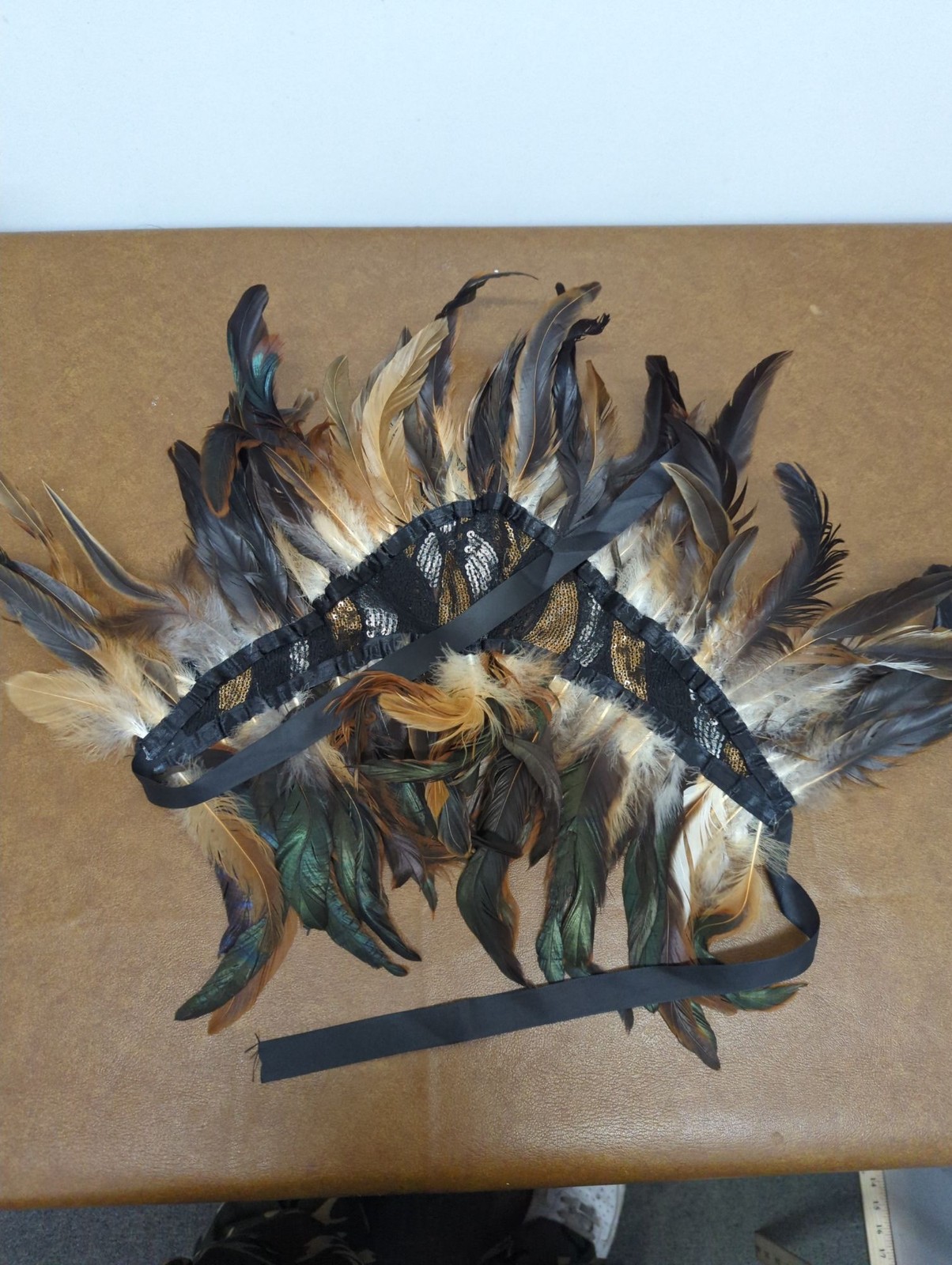 Feathered Festival Costume Headpiece With Sequins & Adjustable Ties