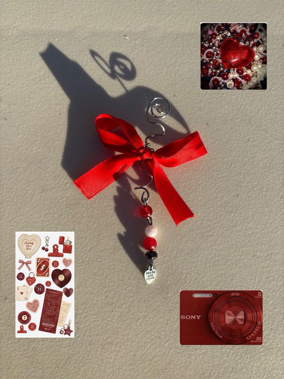 Red & Silver Heart Hair Pin w/ Bow, Beaded Dangle Charm & Spiral Wire