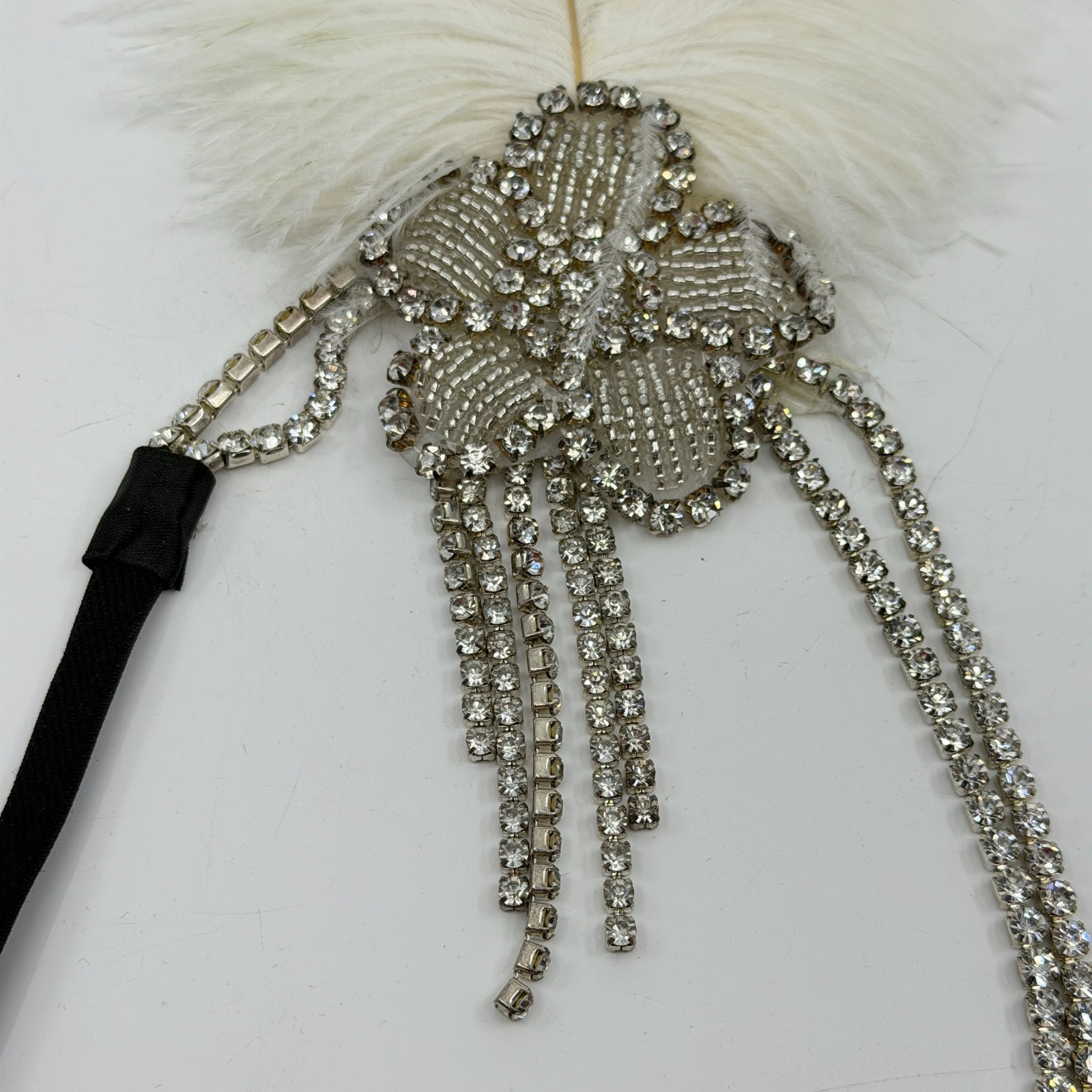 Glamorous 1920s Flapper Headband White Feather Crystal Rhinestone Gatsby Style