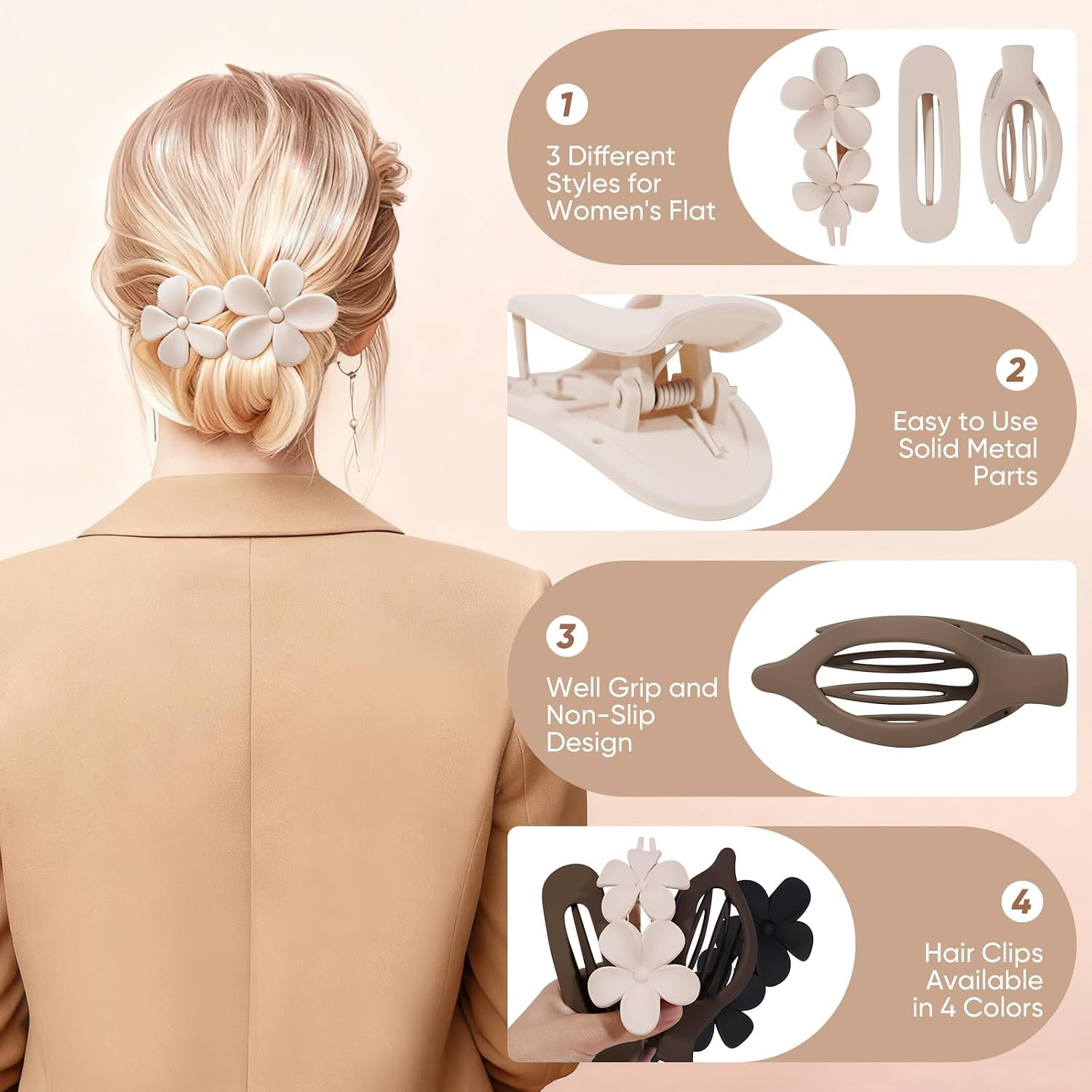 10 Pcs Flat Hair Clips for Women, 3 Styles Matte No Bump Claw Clips for Driving
