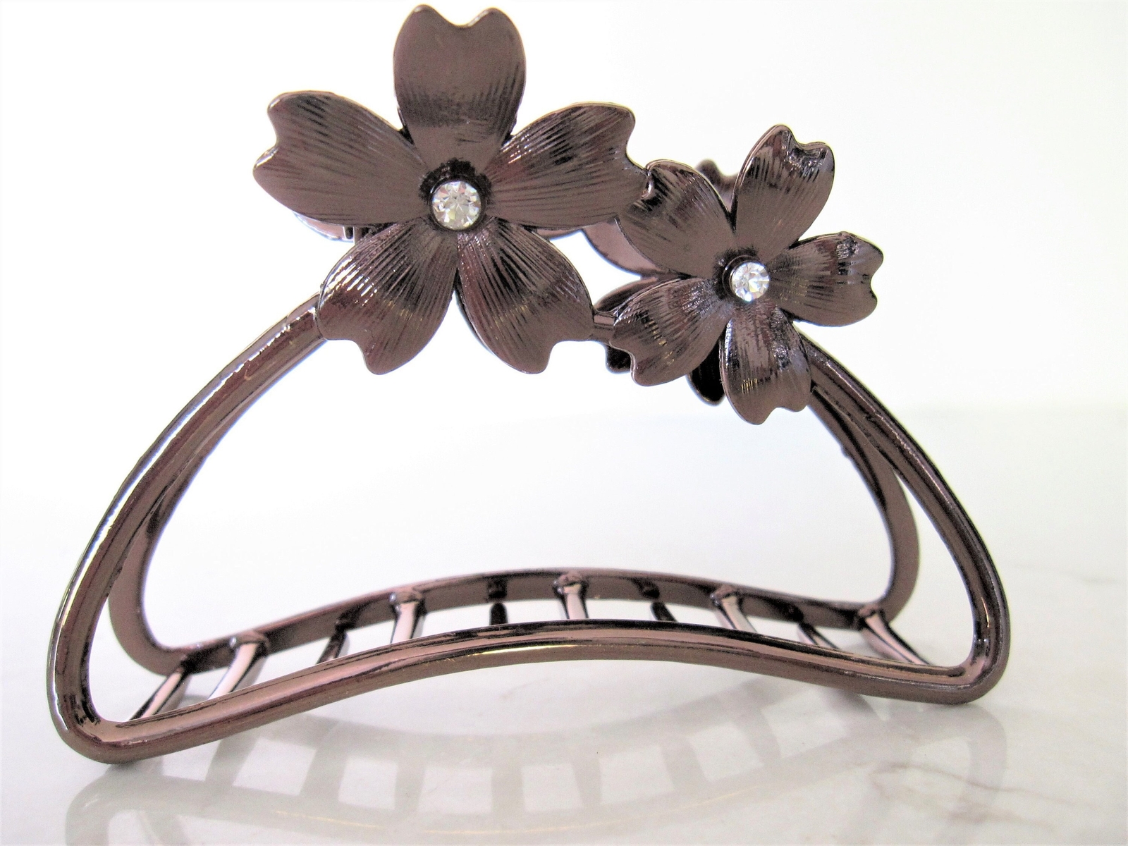 Bronze rose gold silver tone metal hair claw clip with crystals and flowers