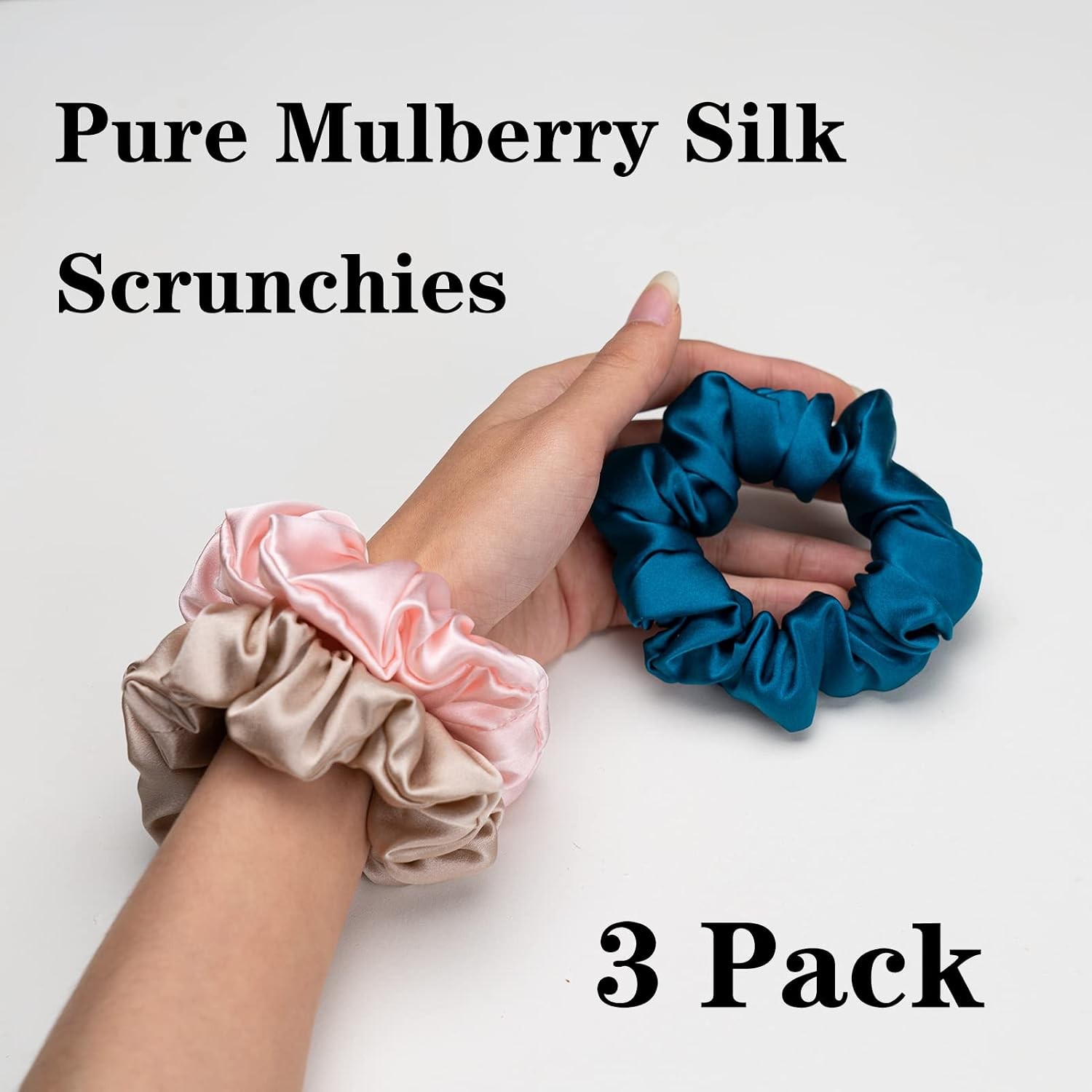3 Pcs 100% Mulberry Silk Scrunchies, Hair Ties Pink Peacock Blue Apricot