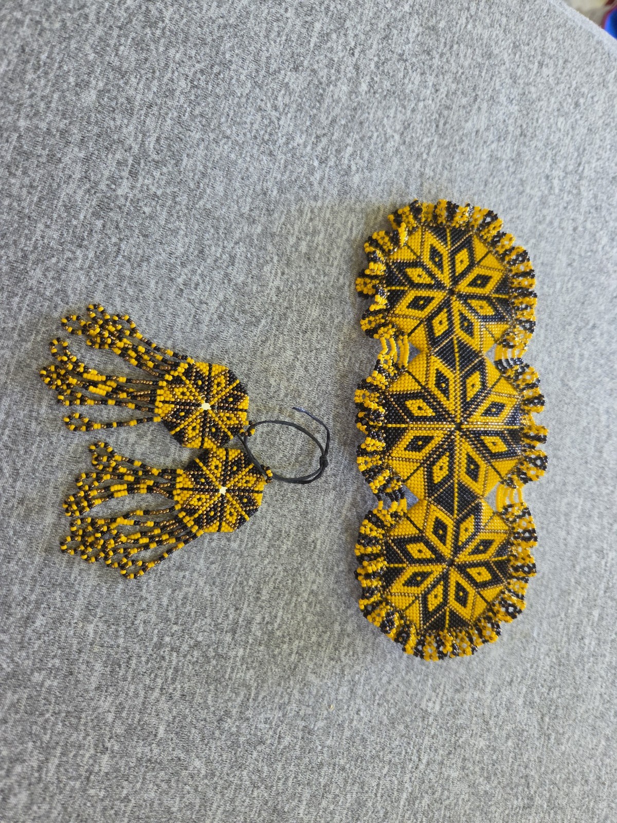 Prison Native Handmade Black & Yellow Beaded Leather Oval Barrette Hair Clip Set