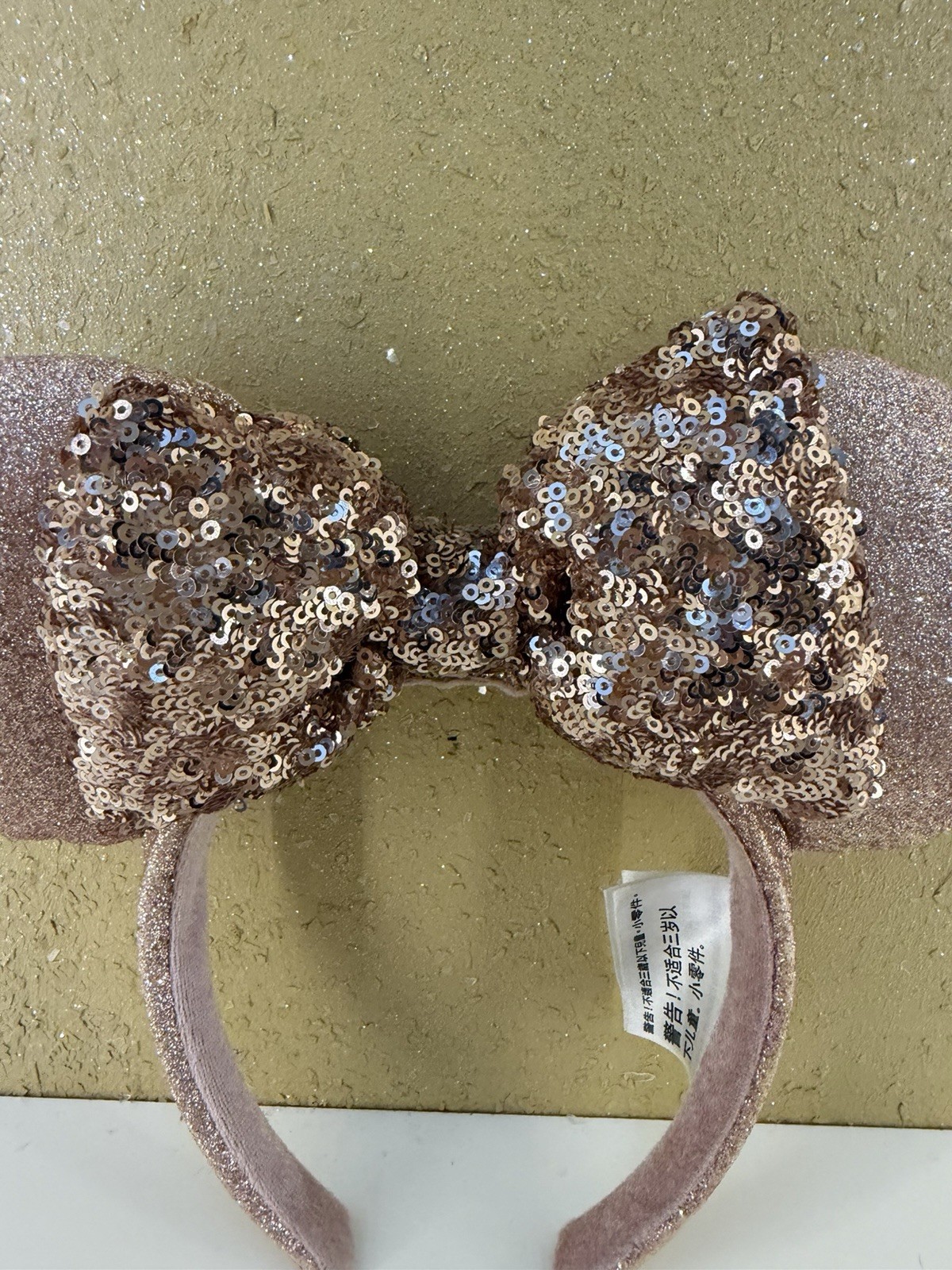 Official Disney Parks Minnie Mouse Ears Headband Rose Gold Sequin Bow Glitter