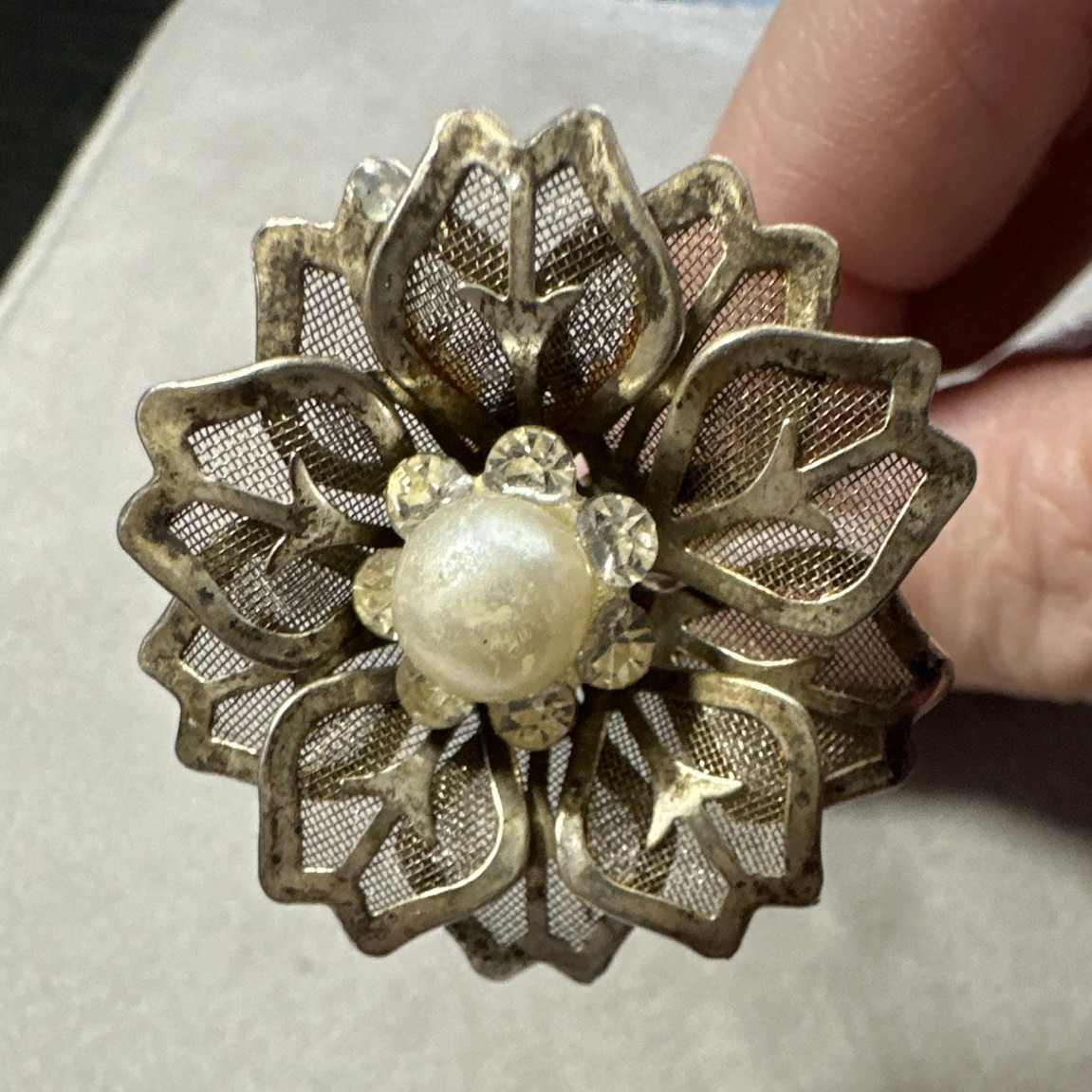 Silver Tone Metal Flower Hair Pin/Fork, Pearl Beaded Accents, Decorative