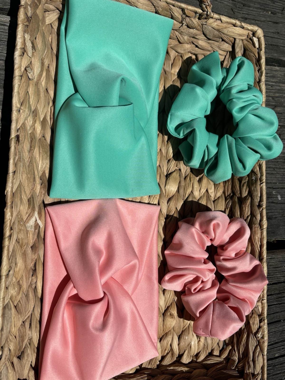 Set of 2 Satin Headbands and 2 Scrunchies, Solid Pattern, Teal & Pink