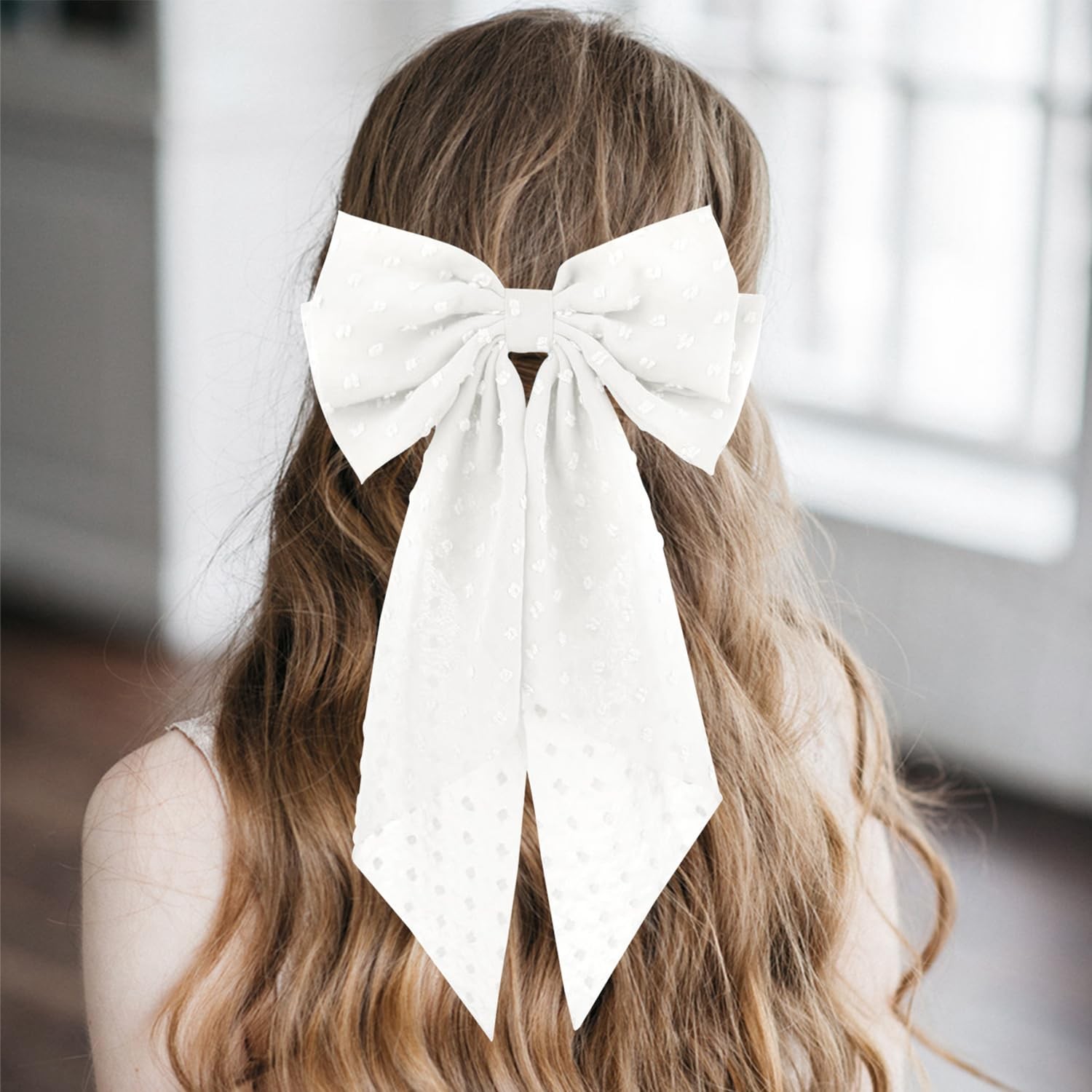 2PCS Large Hair Bows Ribbon Clips, 1 Count (Pack of 1), Blue+White