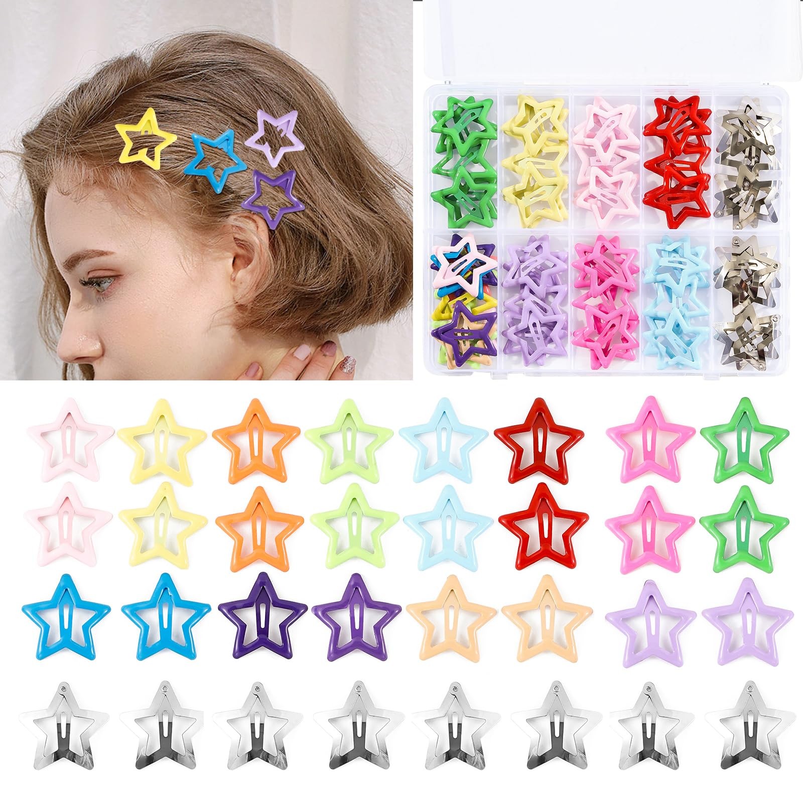 55pcs Star Hair Clips for Girls Colorful Metal Snap Hair Barrettes for Women