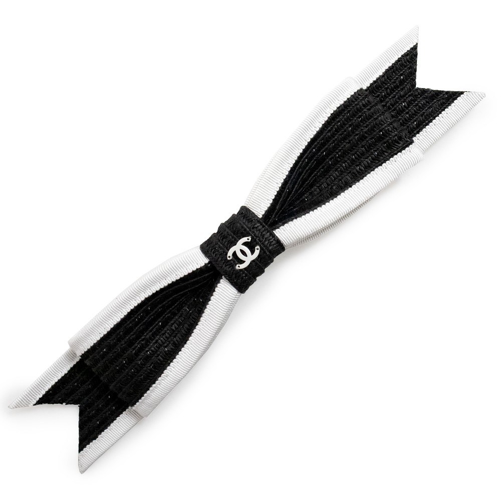CHANEL Ribbon Coco CC logo Bicolor Paper Cotton Viscose Hair clip, Black & White