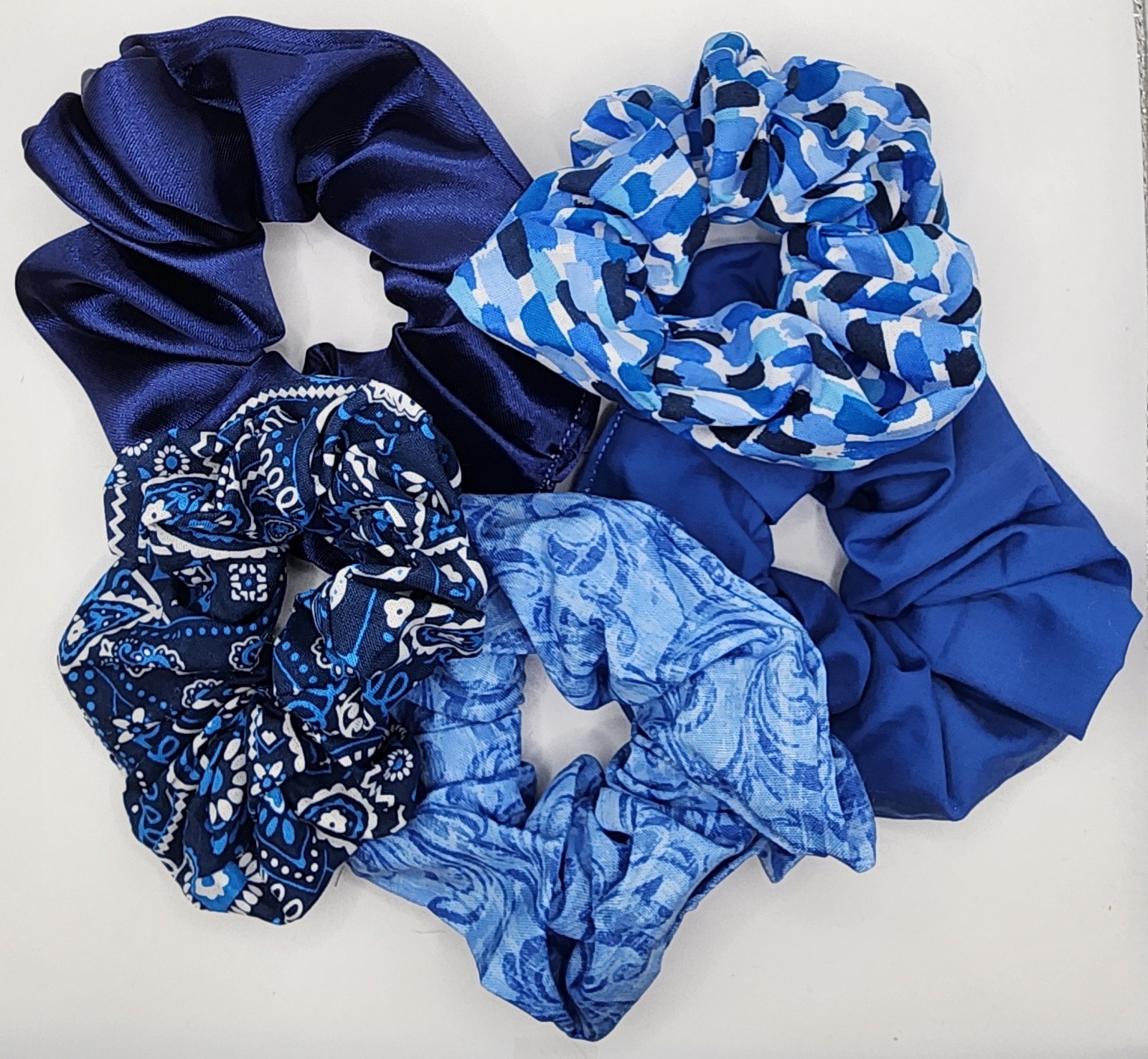 Handmade Scrunchie Set Lot of 5 Hair Ties Blue Dots, Floral, Satin, Bandana