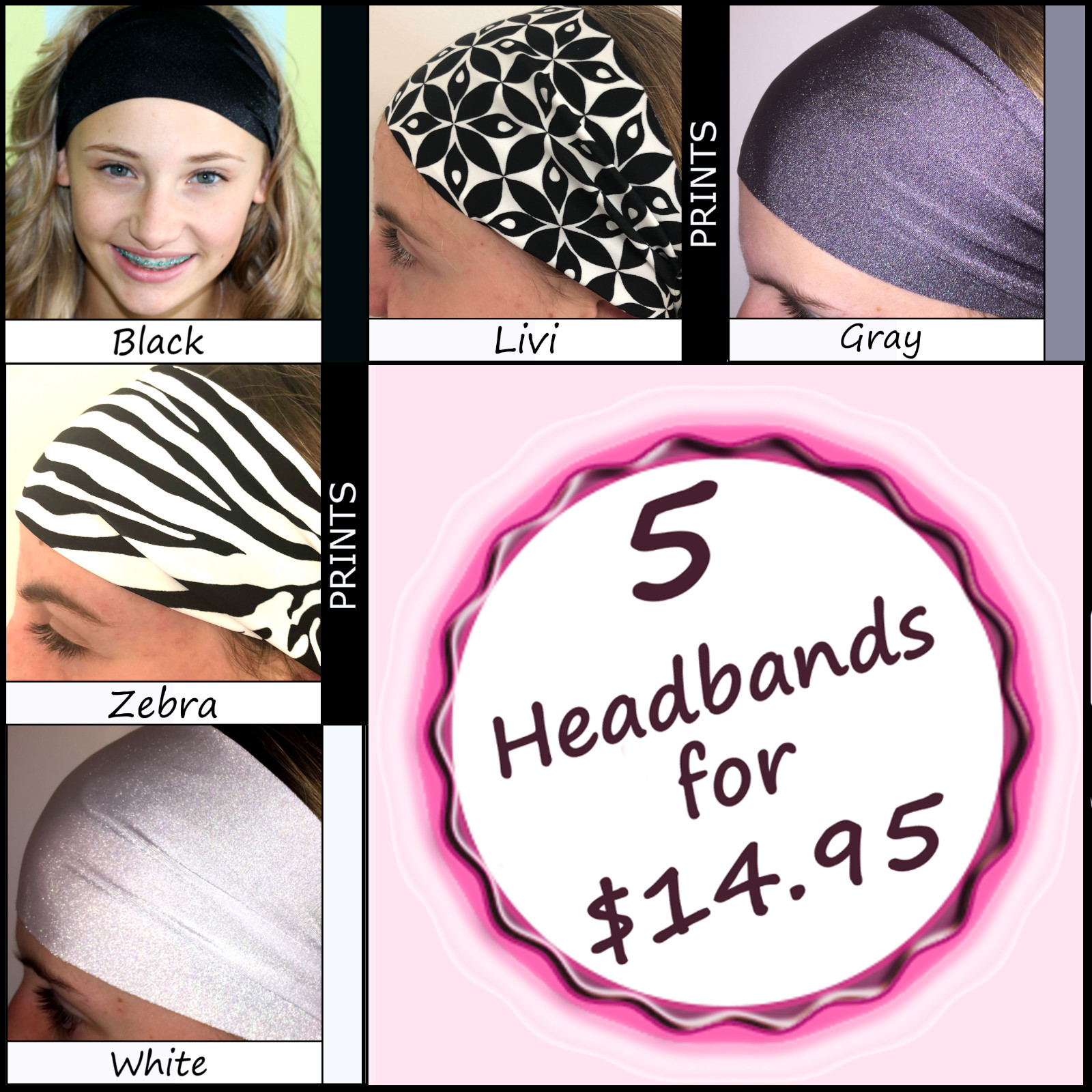 Black & White Headbands Set of 5! Sports Workouts Bolder Brighter Colors Bands