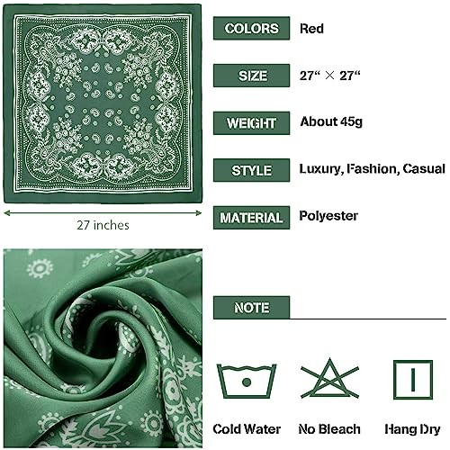 4 Pcs 27” Square Satin Bandanas for Women, Paisley Green, Black, Brown, Camel